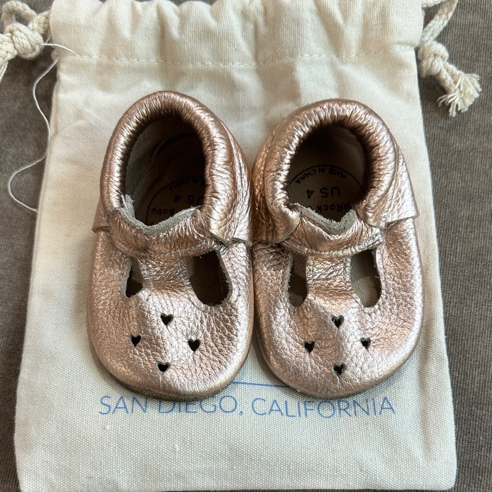 Kids Metallic Rose Gold Moccasin Shoes - Soft Leather Slip-On